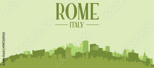 Green panoramic poster of the city skyline with solid background buildings on a hilly terrain of ROME, ITALY