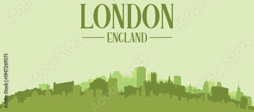 Green panoramic poster of the city skyline with solid background buildings on a hilly terrain of LONDON, UNITED KINGDOM