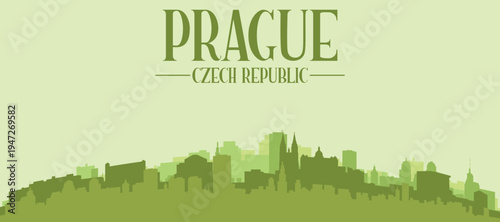 Green panoramic poster of the city skyline with solid background buildings on a hilly terrain of PRAGUE, CZECH REPUBLIC