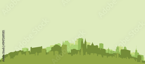 Green panoramic poster of the city skyline with solid background buildings on a hilly terrain of PRAGUE, CZECH REPUBLIC