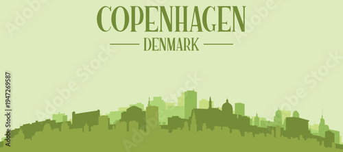 Green panoramic poster of the city skyline with solid background buildings on a hilly terrain of COPENHAGEN, DENMARK