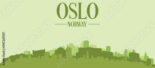 Green panoramic poster of the city skyline with solid background buildings on a hilly terrain of OSLO, NORWAY