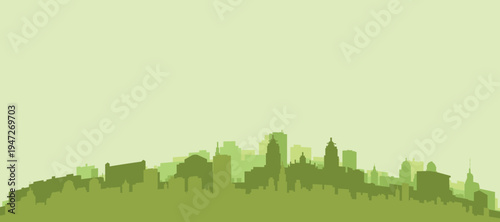 Green panoramic poster of the city skyline with solid background buildings on a hilly terrain of MEXICO CITY, MEXICO