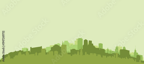 Green panoramic poster of the city skyline with solid background buildings on a hilly terrain of DENVER, UNITED STATES