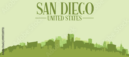 Green panoramic poster of the city skyline with solid background buildings on a hilly terrain of SAN DIEGO, UNITED STATES