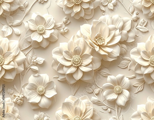 Elegant White Embossed Botanical Relief Pattern Background