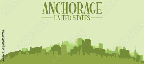 Green panoramic poster of the city skyline with solid background buildings on a hilly terrain of ANCHORAGE, UNITED STATES