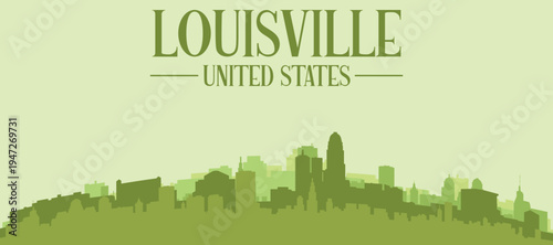 Green panoramic poster of the city skyline with solid background buildings on a hilly terrain of LOUISVILLE, UNITED STATES