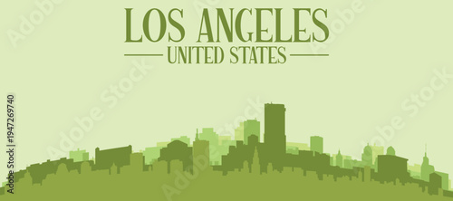 Green panoramic poster of the city skyline with solid background buildings on a hilly terrain of LOS ANGELES, UNITED STATES