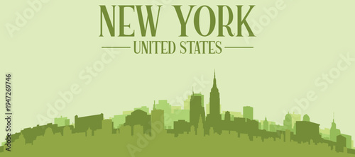 Green panoramic poster of the city skyline with solid background buildings on a hilly terrain of NEW YORK, UNITED STATES