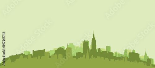 Green panoramic poster of the city skyline with solid background buildings on a hilly terrain of NEW YORK, UNITED STATES