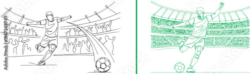 Teal and black line art vector of a soccer player striking a ball into a goal. Displays a cheering stadium crowd and dynamic action lines, capturing a high-energy match-winning moment.