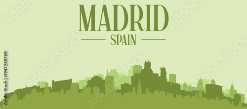 Green panoramic poster of the city skyline with solid background buildings on a hilly terrain of MADRID, SPAIN