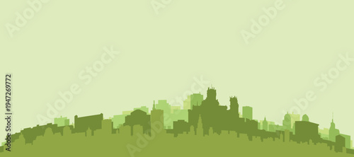 Green panoramic poster of the city skyline with solid background buildings on a hilly terrain of MADRID, SPAIN