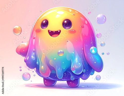 Happy blob creature, rainbow-colored and drippy, surrounded by floating bubbles, on a soft pastel background