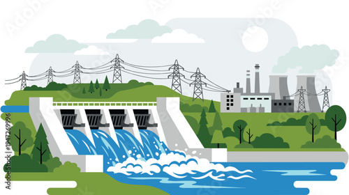 Industrial power plant with hydroelectric dam and energy power lines