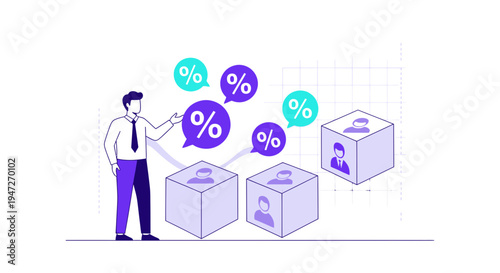 Business analytics concept: man analyzing customer data with percentage icons and cubes representing demographics