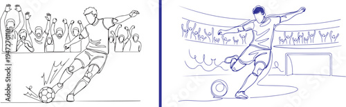 Blue line art vector of a soccer player striking a ball towards a goal. Features a detailed athlete silhouette, a cheering stadium crowd, and action lines capturing a match-winning moment.