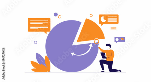 Business analytics concept: tiny man analyzing pie chart with data and growth arrow