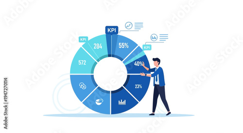 Business analytics concept with KPI pie chart and businessman analyzing data