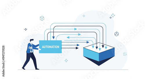 Business automation concept: person pushing 'automation' box towards data processing system
