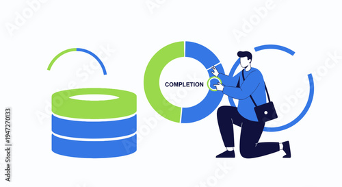 Business completion concept: man assembling progress chart with data stacks and circular diagram