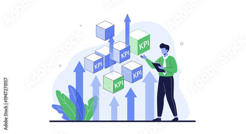 Business growth concept: KPI cubes rising on graph with analyst