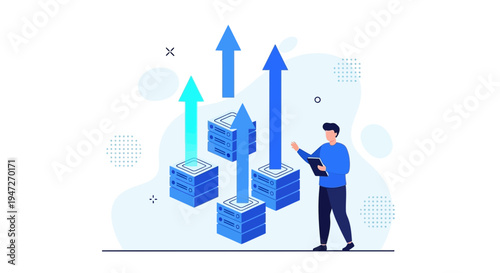 Business Growth Concept: Man Analyzing Upward Trend Arrows from Cubes