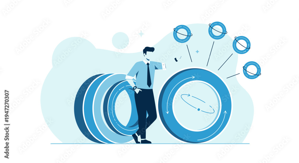 Fototapeta premium Businessman Analyzing Circular Progress Charts and Data Visualization