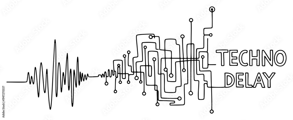 Naklejka premium Audio sound wave transforming into digital circuit line pattern with techno delay text