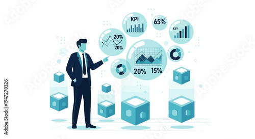 Businessman analyzing data charts and graphs with digital cubes and bubbles