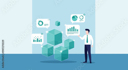 Businessman analyzing data cubes with charts and graphs, business intelligence concept