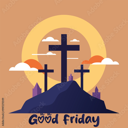 Good friday scene with three crosses on a hill at sunset