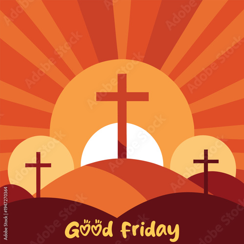 Good friday easter sunrise with crosses on hilltops