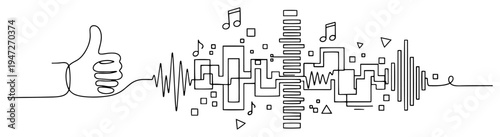 Thumbs up icon combined with complex audio sound wave and musical notes in minimalist continuous line style