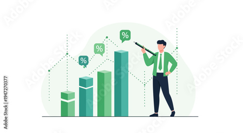 Businessman analyzing financial growth chart with percentage icons, business concept illustration
