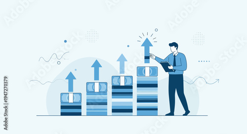 Businessman analyzing financial growth charts with rising money stacks and upward arrows