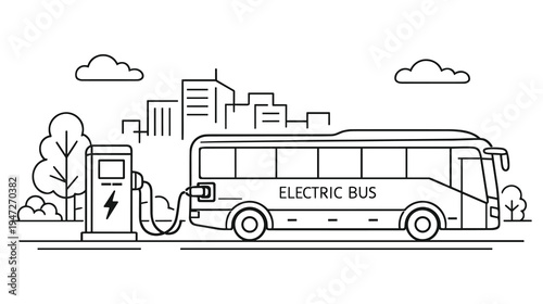 Electric bus charging at station with city skyline outline background