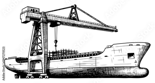 Cargo ship and harbor crane for maritime logistics in vintage engraving style
