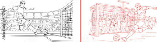 Red and black vector line art featuring a soccer player striking a ball into a goal. Captures a high-stakes match moment with a detailed athlete silhouette and a cheering stadium crowd background.