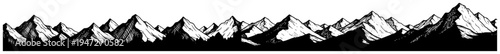 Mountain range panorama with rocky peaks engraving style