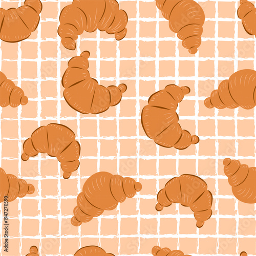 Seamless Croissant Pattern on Grid Background - Breakfast Pastry Design