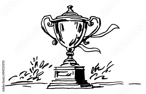 Trophy cup award with decorative ribbons for championship winner in hand drawn sketch style