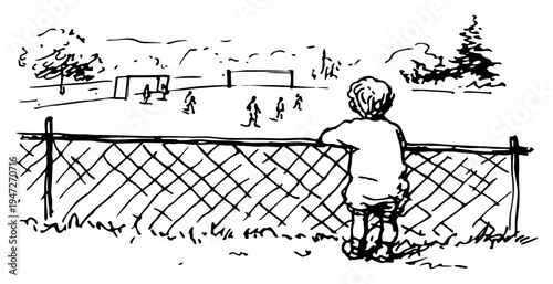 Young boy watching soccer match from behind a wire fence in hand drawn sketch style
