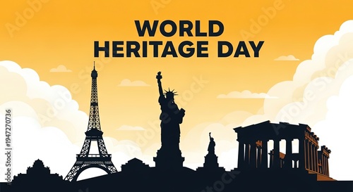 World Heritage Day landmarks silhouette with Eiffel Tower Statue of Liberty Parthenon isolated on transparent background