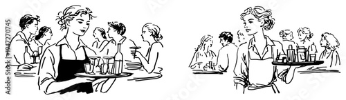 Waitresses carrying trays with drinks and food in a busy restaurant or cafe setting in line art style