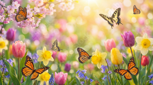Peaceful outdoor spring landscape featuring butterflies in motion among radiant flowers with golden sunlight and natural serenity