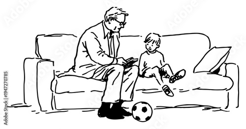 Grandfather sitting on a sofa with his grandson and a soccer ball in hand drawn line art style