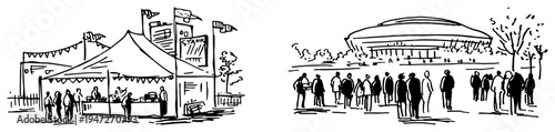 Crowds gathering near festival tents and large sports stadium in hand drawn sketch style
