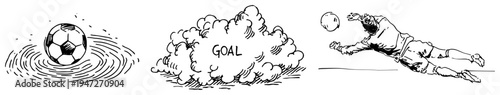 Soccer match elements with ball and goalkeeper diving for goal in a doodle style